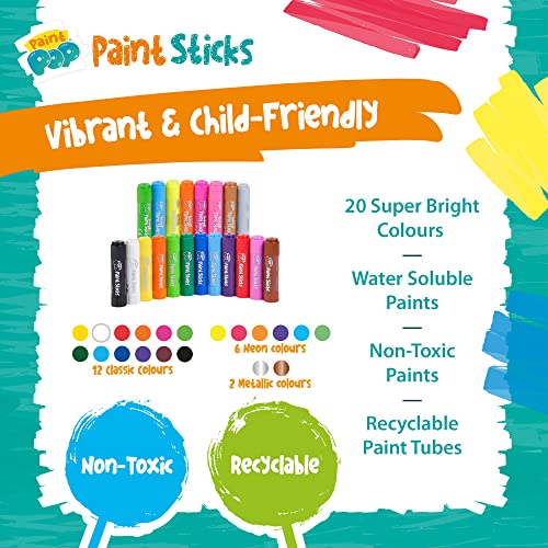 Paint Pop Paint Sticks For Kids - 20 Pack Assorted Colours & Fun Storage Tub - Twist & Paint, Mess-Free, Fast Drying Action, Easy Clean Up, Vibrant Colours, Multi-Surface