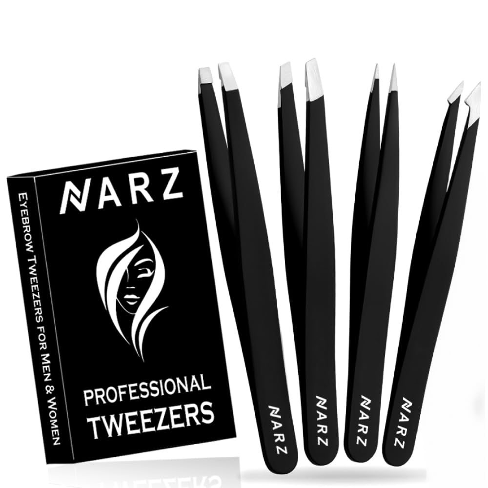 NARZ Professional Tweezers for Facial Hair Women & Men Stainless Steel Precision Tweezers for Ingrown Hair Tweezers (4 Pcs)