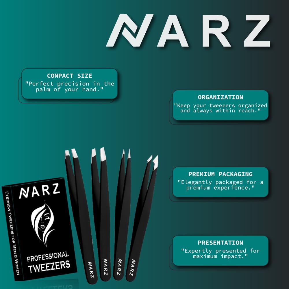 NARZ Professional Tweezers for Facial Hair Women & Men Stainless Steel Precision Tweezers for Ingrown Hair Tweezers (4 Pcs)