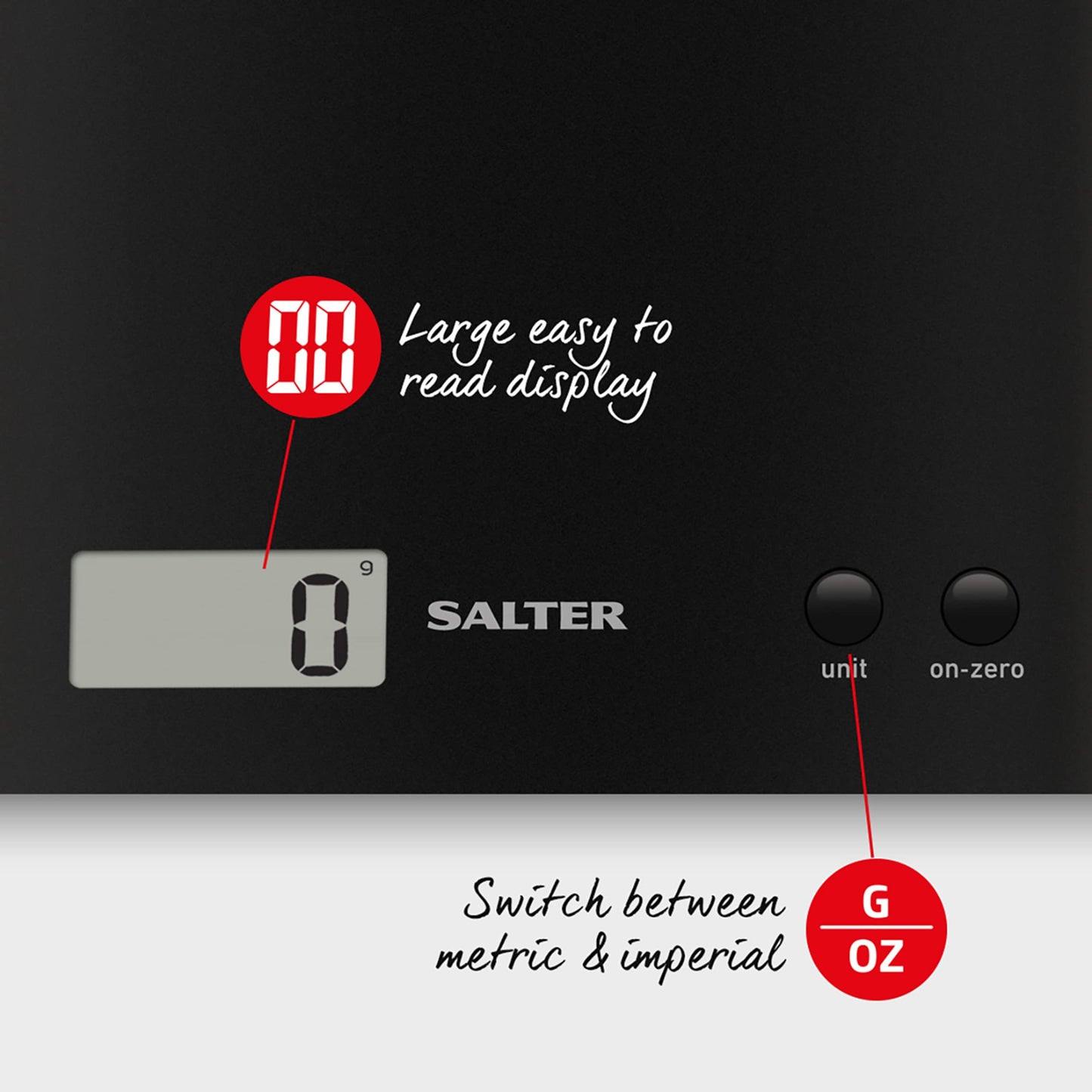 Salter 1066 BKDR15 Arc Kitchen Scale – Digital Food Weighing Scales For Precise Cooking/Baking, Slim Platform for Compact Storage, Add & Weigh/Tare Function, 3kg Capacity, Battery Included, Black