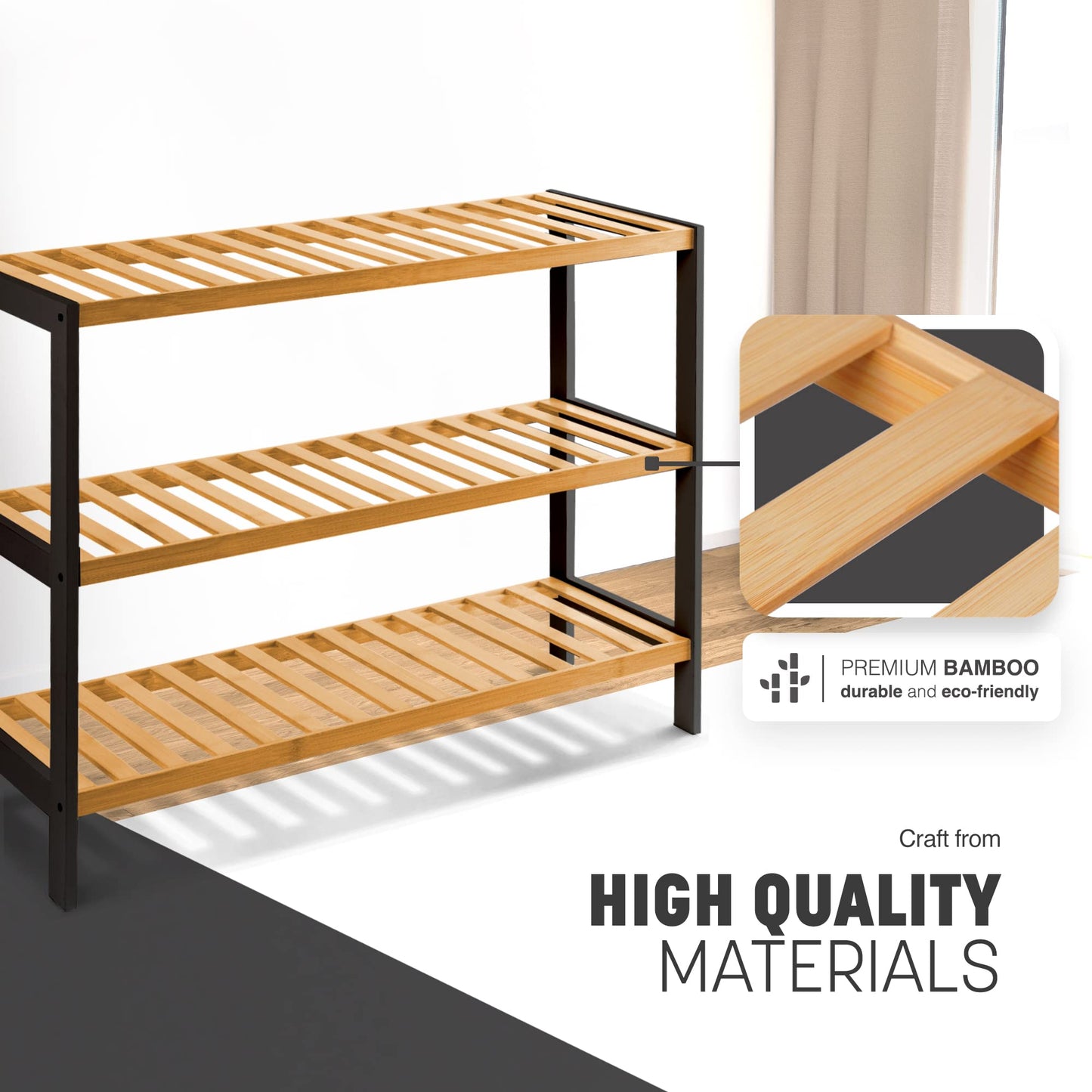 KEPLIN 3 Tier Natural Bamboo Shoe Rack Easy Assembly & Strong Design Stand Shelf Organiser Ideal for Corridor,Bedroom,Bathroom,Hallway & Small Spaces Large Capacity (3 Tier, Black/Natural)