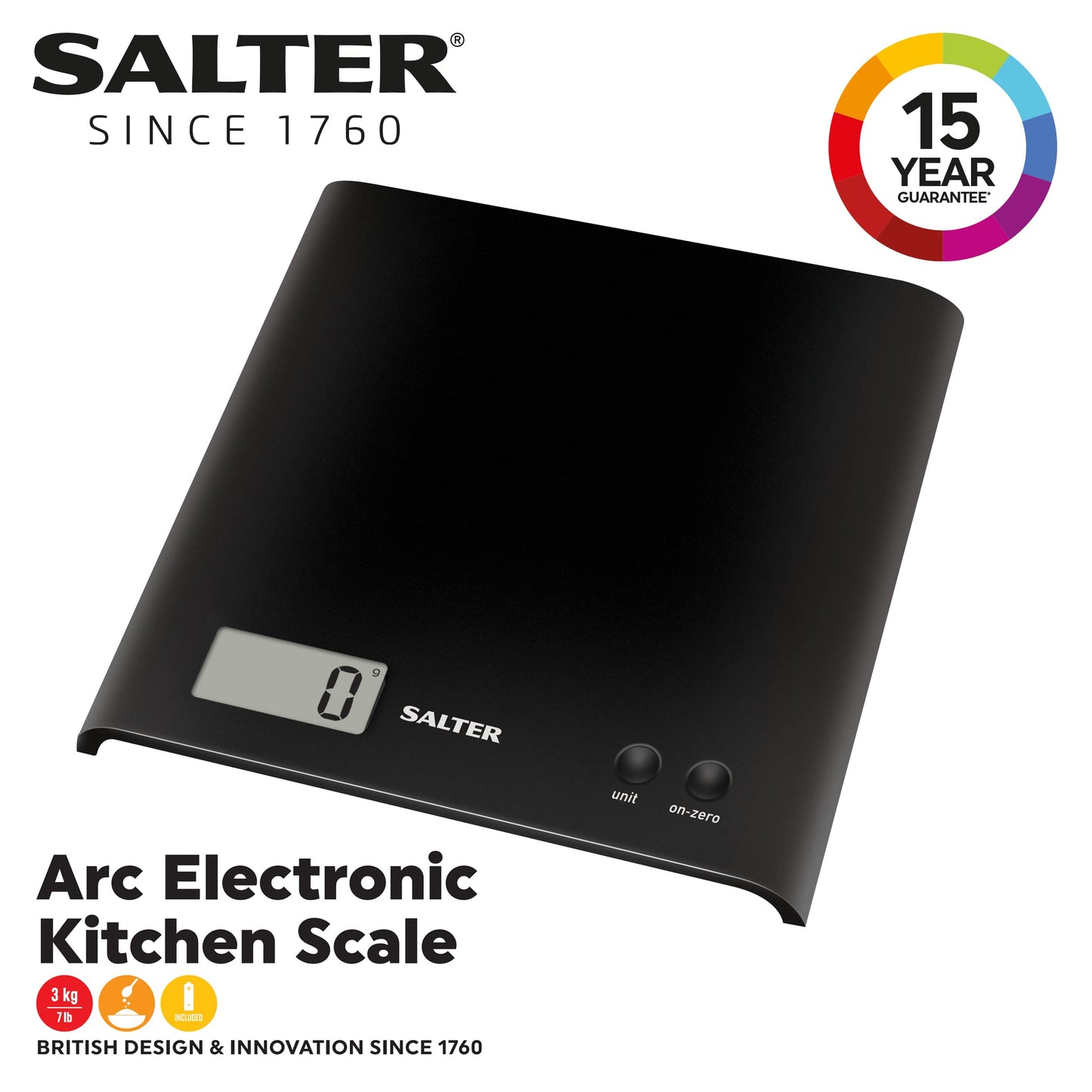 Salter 1066 BKDR15 Arc Kitchen Scale – Digital Food Weighing Scales For Precise Cooking/Baking, Slim Platform for Compact Storage, Add & Weigh/Tare Function, 3kg Capacity, Battery Included, Black