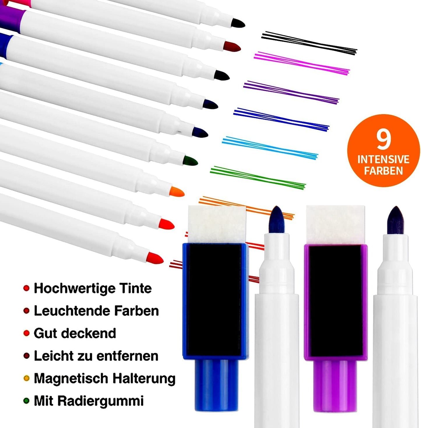 VEYLIN Whiteboard Markers/Pen and Eraser set for Kids, 9 Piecs, Fine Tip Colour