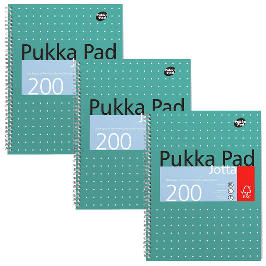 Pukka Pad, A4 Metallic Jotta Book 3 Pack – 21 x 30cm – Wirebound Notebook with 8mm Lines and 80GSM Paper – Features 4-Hole Punch Margins and Perforated Edges - 200 Pages, Green