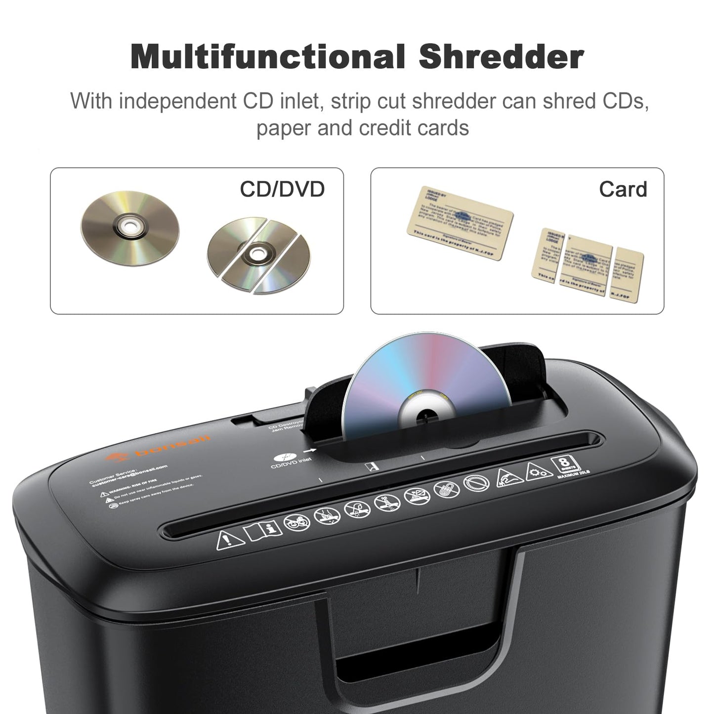 Bonsaii Paper Shredder for Home Use, 8-Sheet StripCut Home Office Shredder, CD/Credit Card Shredder Machine with Overheat Protection, 13 Litres Wastebasket, Black (S120-C)