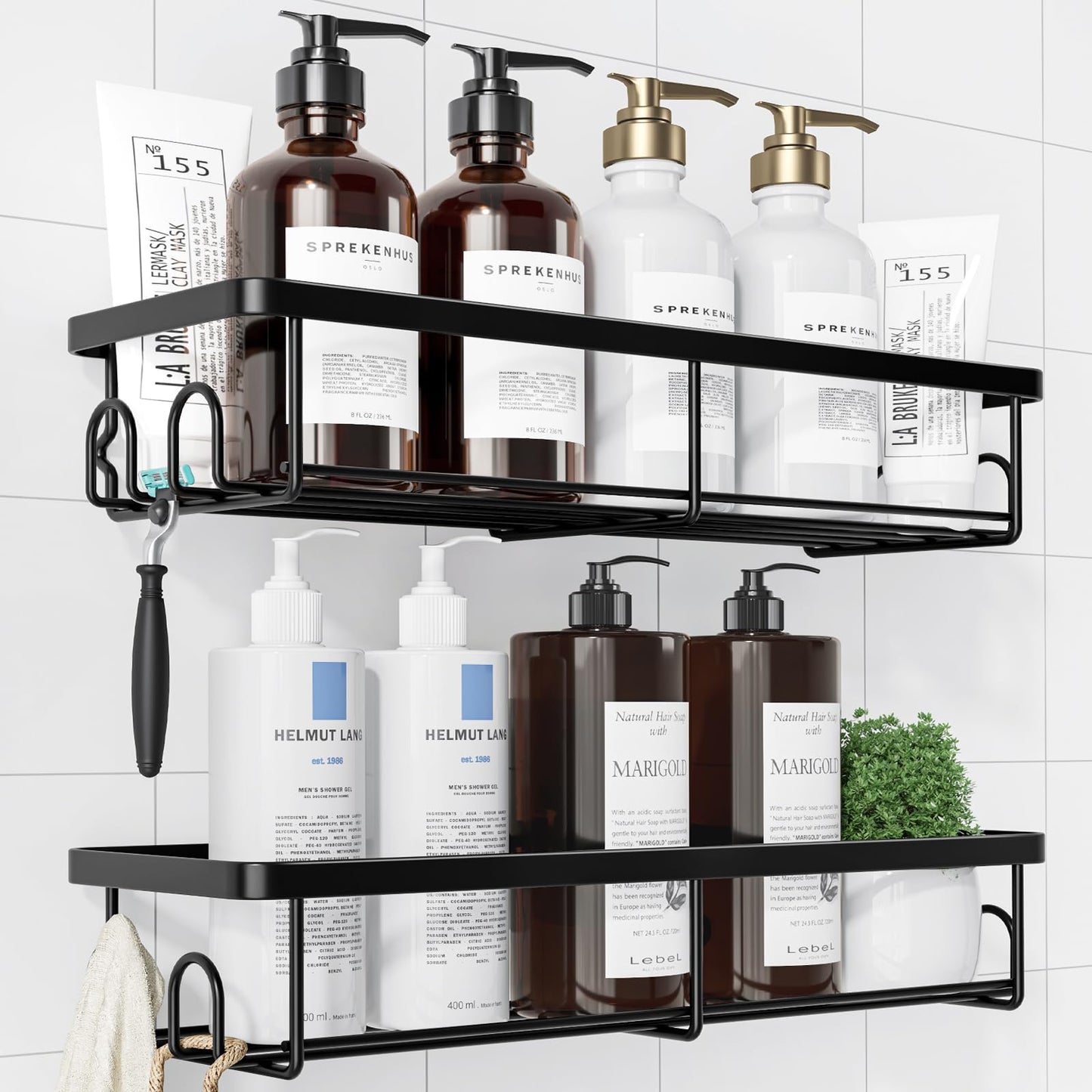 Kitsure Shower Caddy - 2 Pack Rustproof Shower Organizer, Drill-Free & Quick-Dry Shower Shelves for inside Shower with Large Capacity, Durable Stainless Steel Shower Rack with 4 Hooks, Large, Black