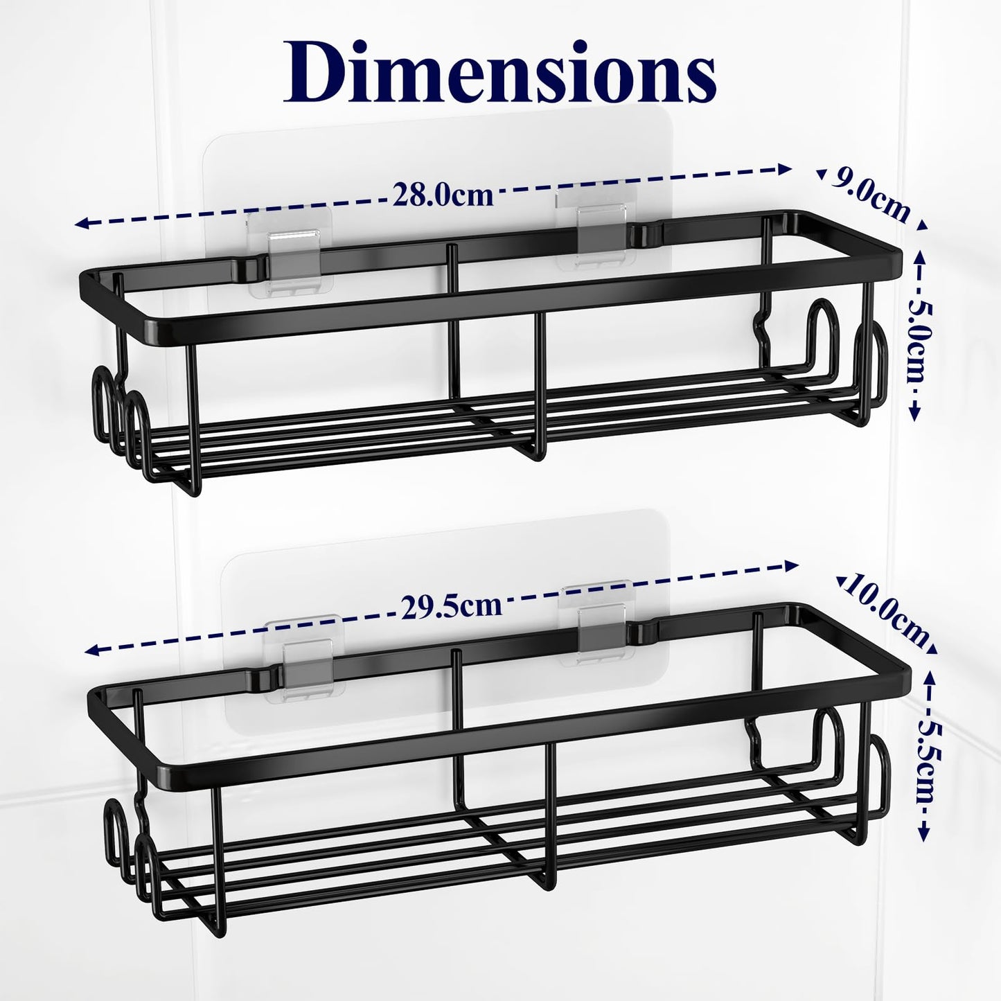 Kitsure Shower Caddy - 2 Pack Rustproof Shower Organizer, Drill-Free & Quick-Dry Shower Shelves for inside Shower with Large Capacity, Durable Stainless Steel Shower Rack with 4 Hooks, Large, Black