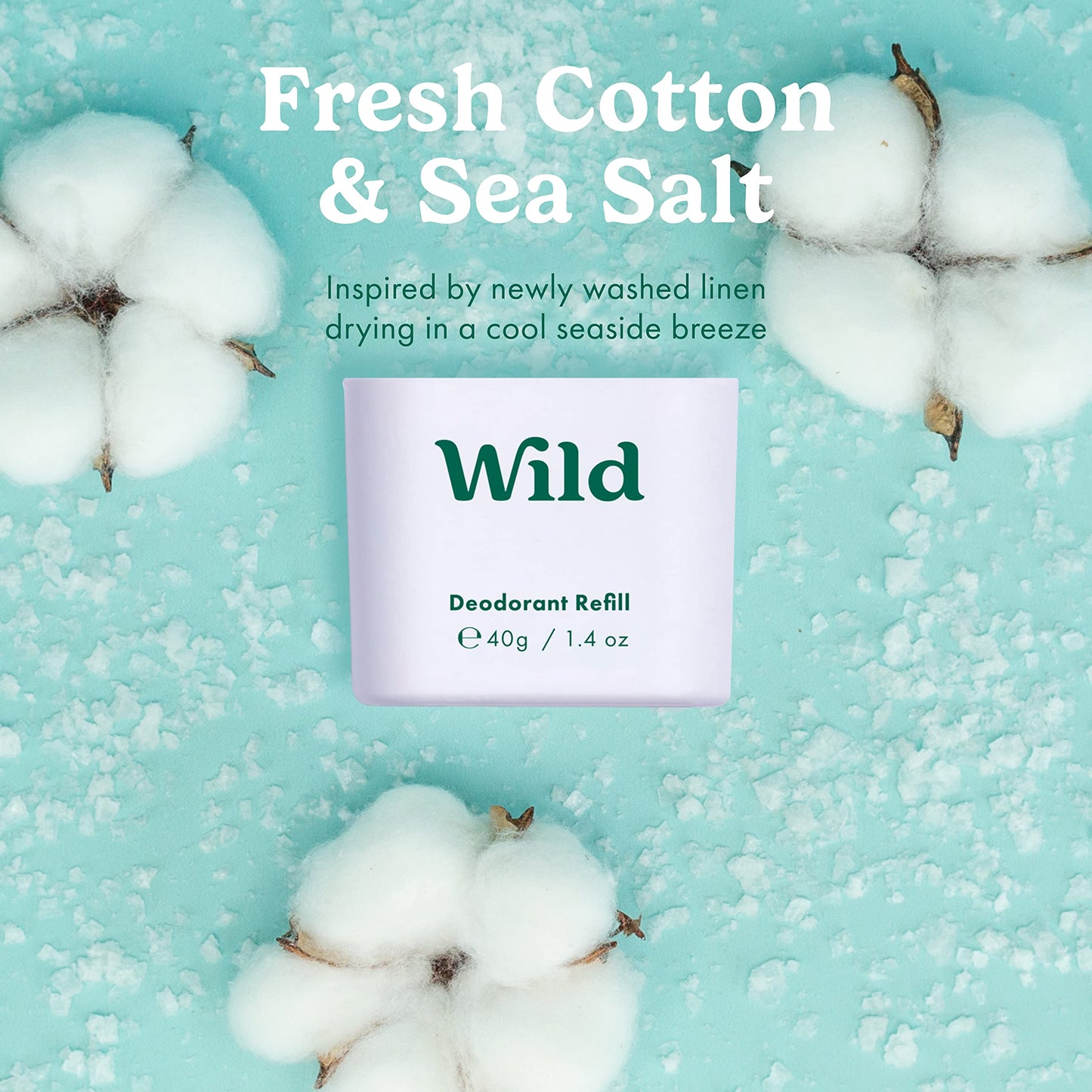 Wild - Natural Refillable Deodorant - Fresh Cotton & Sea Salt Refill Duo Pack - Vegan & Eco-Friendly - Aluminium Free - Long Lasting Protection - Natural Ingredients - 2 Pack of 40g Refills