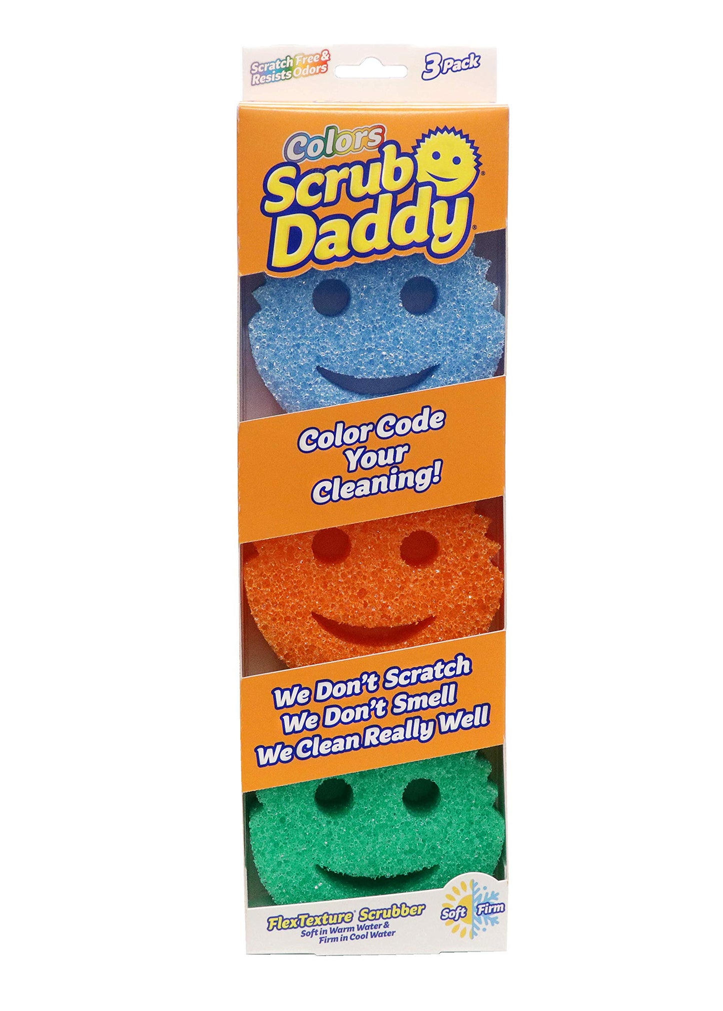 Scrub Daddy Colors, Sponge Scrubber Multipack, Dish Sponges for Washing Up, Texture Changing Non Scratch Scourers, Cleaning Products for Kitchen & Bathroom, Odour Resistant, Dishwasher Safe, Pack of 3