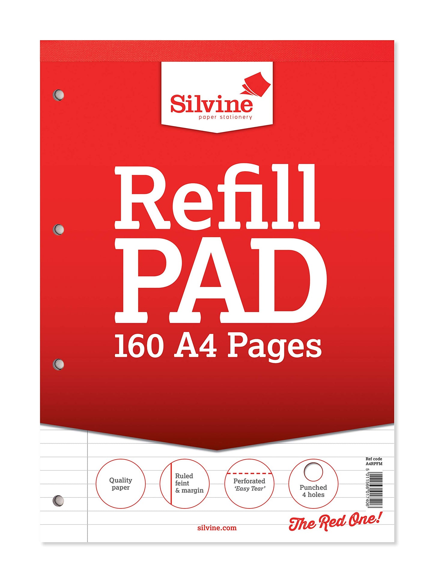 Silvine 160 Page A4 Refill Pad, Head Bound and Punched 4 Holes. Ruled 8mm Feint with Margin [Pack of 5], White