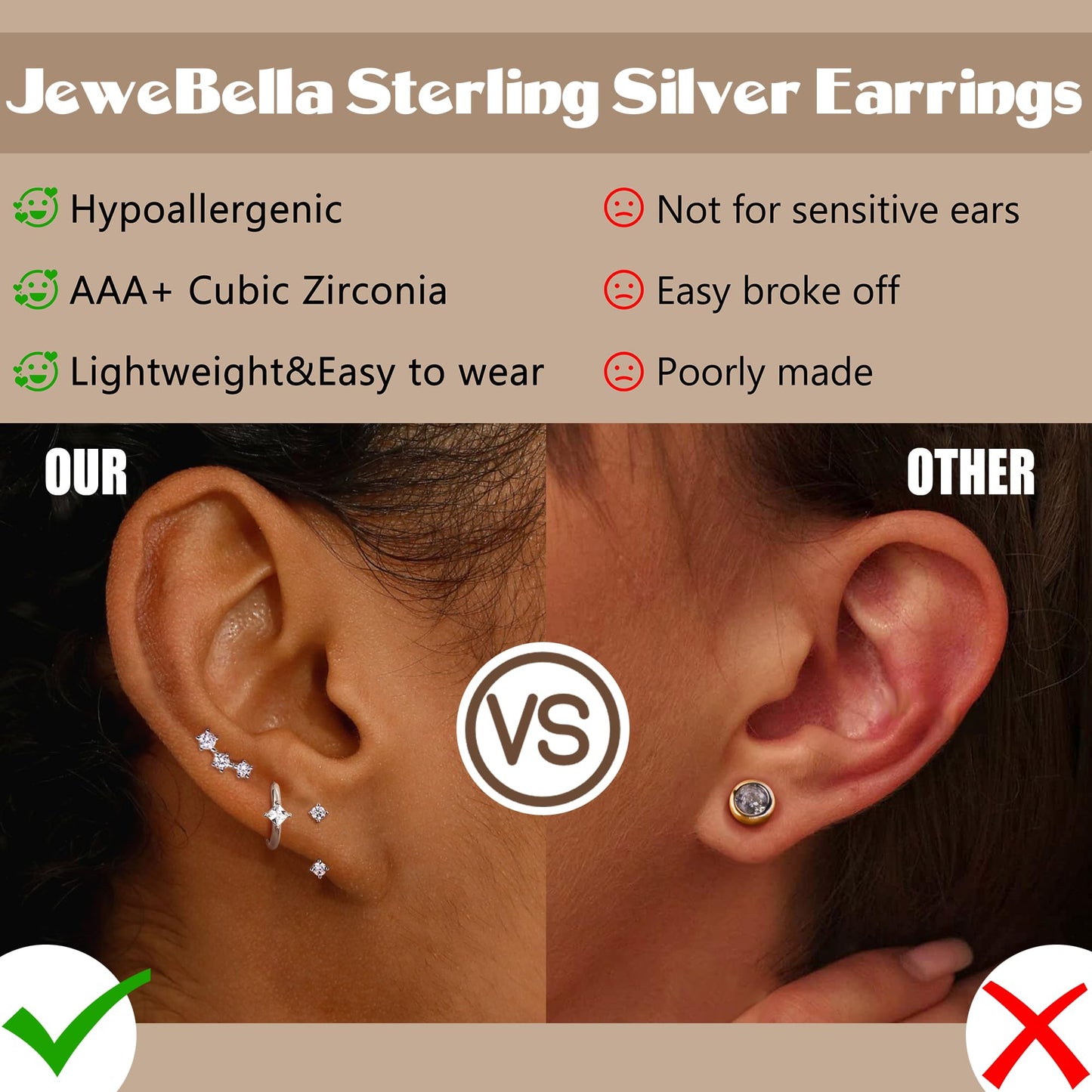 JeweBella 3 Pairs Sterling Silver Stud Hoop Earrings Set for Women 14K Gold Plated Earrings Stacks Dainty Small Stud Hoop Earrings Sets for Multiple Piercings