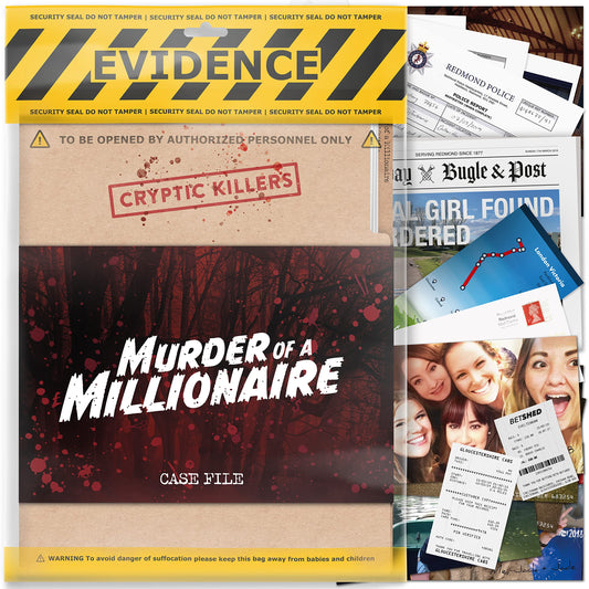 Unsolved murder mystery game - Cold Case Files Investigation - CRYPTIC KILLERS - Detective clues/evidence - Solve the crime - For individuals, date nights & party groups - "Murder of a millionaire"